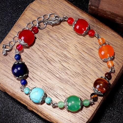 Natural Stone Beads Bracelets for Women Seven Color Bracelet Gem Stone Rainbow Flower Charms Lobster Clasp Link Chain Jewelry