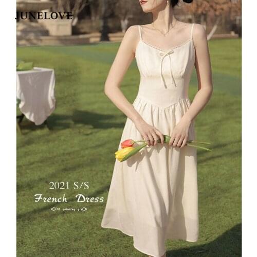 JuneLove 2021 French Vintage Strap Dress Women Summer Casual V-Neck Elegant Sexy Midi Dress Slim Backless Club Party Fairy Dress