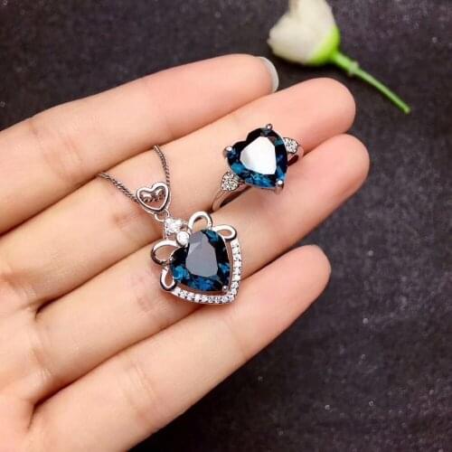 Natural blue topaz gem Ring Pendant Natural Gemstone Jewelry Set 925 Silver Fashion romantic heart Women party gift fine Ring