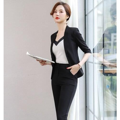 Womens suits summer new black sleeves suit fashion dress thin thin section slim trousers suit temperament womens twopiece suit