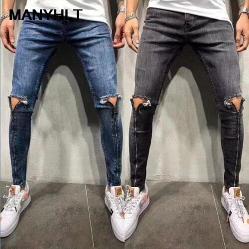 European And American Mens Clothing New Style Mens Jeans Knee Holes Small Feet Zipper Trousers Fashion Casual Pants Slim Pants