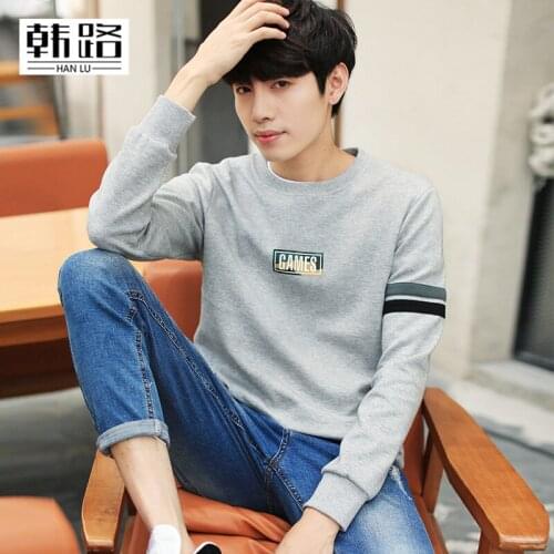 HANLU hot sale Spring autumn mens plus velvet Alphabet pattern Thin section Long sleeves Sweatshirts Loose round neck pullover