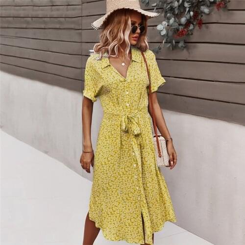Trendy Printed Dress Ladies Summer Vacation Style Dress Spring Bandage Dress Ladies Casual Short Sleeve Button Flower