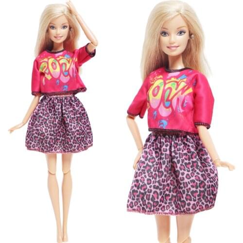 Handmade Graffiti Style Tops Shirt + Purple Leopard Dress Daily Wear Skirt Outfit Clothes for Barbie Doll Dollhouse Accessories