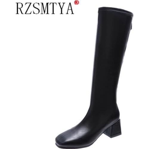 2021 Fashion Women Black Block High Heels Long Boots New Winter Warm Knee High Boots Soft Leather Thigh High Boots Shoes