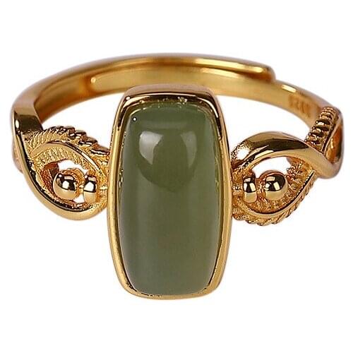 925 sterling silver gold plated Hetian gray jade ring personality and fashion feather Womens Open ring