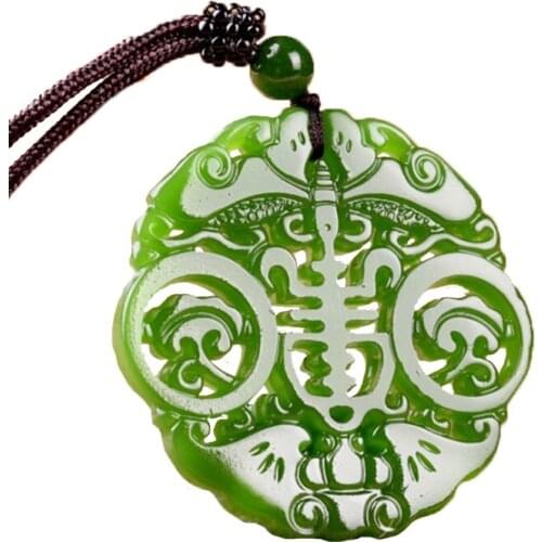 Women Necklace Pendant Green Nephrite Hollow Antique Bat Pendant Gift for Female Fashion Jewelry