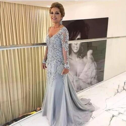 2021 Elegant Silver Long Sleeves Mother Of The Bride Clothes V Neck Bride Patin Evening Dress For Wedding Party Guest