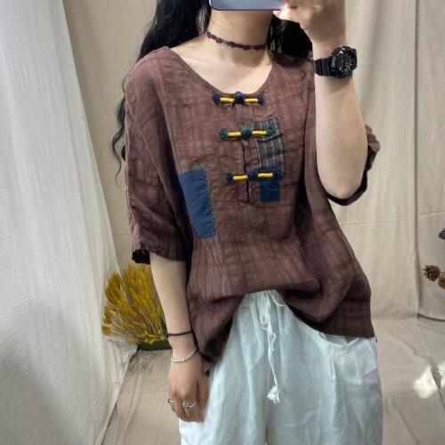 Women Summer Linen Wrinkle Handmade Button Tops Ladies Round Neck Vintage Shirt Female 2020 Blouse Shirts