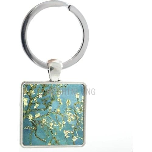 Elegant charming Almond Blossoms keychain nt Van ogh Painting key chain ring holder men women artist jewelry keyring AA110
