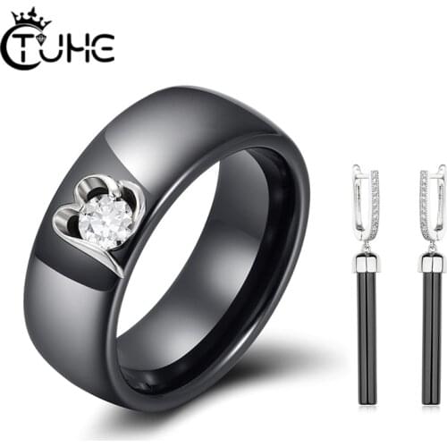 Classic Black White Ceramic Jewlery Set Big Crystal 8mm Ceramic Ring Long Drop Earrings Smooth Real Ceramic Material Jewelry