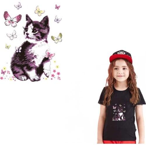 Cute Cat Heat-Adhesive Clorhing Stickers Iron-on Transfers For Clothing Heat-Transfer Vinyl T-Shirt Accessories Butterfly Decor