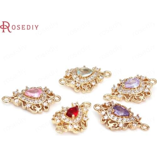 6PCS 12x20MM 24K Champagne Gold Color Brass and Zircon Glass 2 Holes Drop Shape Connect Charms Pendants Jewelry Making Supplies