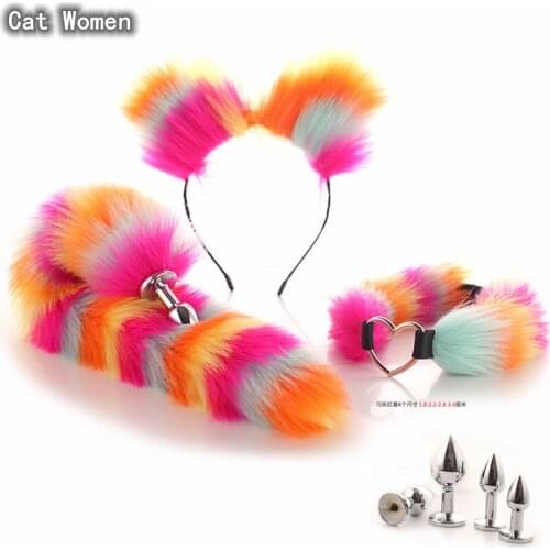 Sexy Cat Women Lovely Lotita Accessories Set with Tail Plug Fur Plush Beast Ears Hairpin Neck Collar for Girls Party Club Costum
