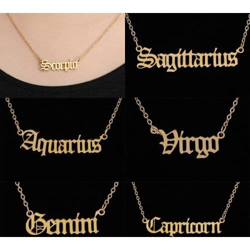 Libra Sagittarius Aries Virgo Horoscope Old English Necklace for Women 12 Zodiac Letter Constellations Pendants Necklaces