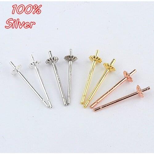 10pcs/lot S925 Sterling Silver Color Plum Pearl Empty Holder 3mm 4mm Ear Holder Blank Base Bowl Pin DIY Jewelry Accessories