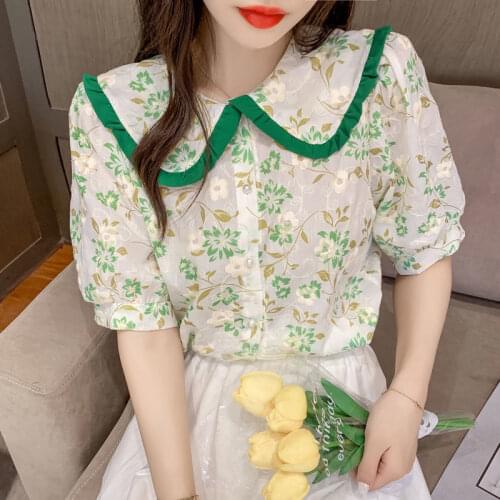 Sweet Little Fresh Printed Baby Collar Short Sleeve Shirt For Womens 2021 Summer New Design Sense Slim And Versatile Top