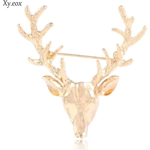 Unisex Animal Christmas Xmas Popular Cute Gold Deer Antlers Head Pin Brooches For Women Lady Classical Decoration Pins