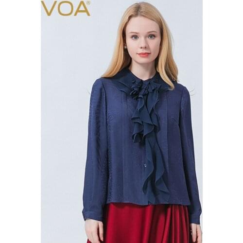 VOA Autumn New Silk Jacquard Navy Blue Fashion Woman Blouses 2021 Georgette Stitching Single-breasted Long-sleeved Shirt BE762