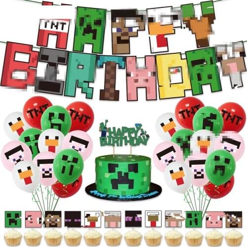 Pixelated Balloons Cartoon Game Theme Ballons Happy Birthday Banner Garland Party Decoration Banners Baby Shower Kit Boy Kid Toy