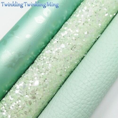 Green Glitter Fabric, Litchi Faux Leather Fabric,Flowers Synthetic Leather Sheets For Bow A4 8"x11" Twinkling Ming XM249