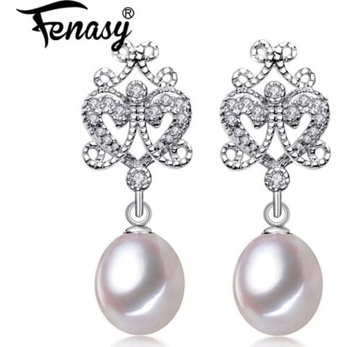 FENASY Bohemian 925 Sterling Silver Pearl Jewelry CZ Drop Pearl Earrings For Women Anniversary Party Idea Gift