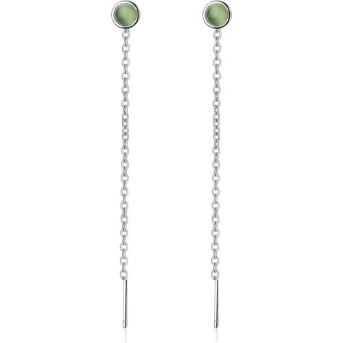 Women Tassel Long Drop Earrings 925 Sterling Silver Jewelry Simple Green Cat Eye Stone Statement Earring for Girl long Ear Line