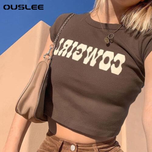 OUSLEE Women Summer Fashion O-Neck Short Sleeve Sexy Crop Tops Print Casual T Shirts Basic Sexy Slim Streetwear Brown Casual Tee