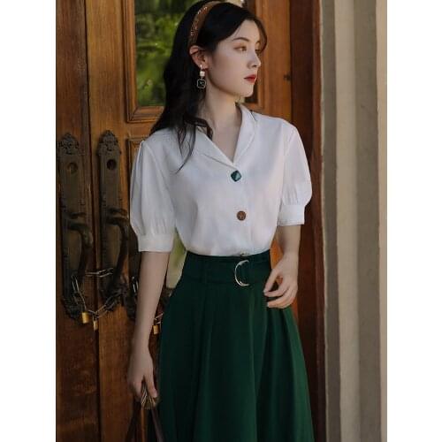 2 Colors Summer Elegant Modern Style Outfits For Office Women Vintage V-Neck White Shirt Tops & Long Skirt 2 Pcs Matching Sets