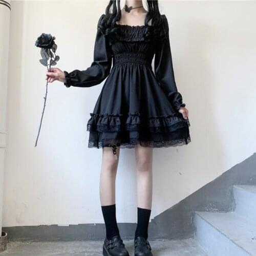 Japanese Lolita Style Women Princess Black Mini Dress Slash Neck High Waist Gothic Dress Puff Sleeve Lace Ruffles Party Dresses
