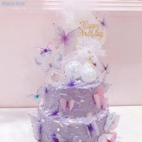 5Pcs Butterfly Happy Birthday Cake Toppers Handmade Painted Wedding Birthday Party Cake Decoration Party Baking Supplies