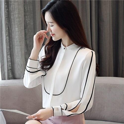 White striped chiffon shirt womens long-sleeved Korean autumn loose shirt stand-up collar lantern sleeve top
