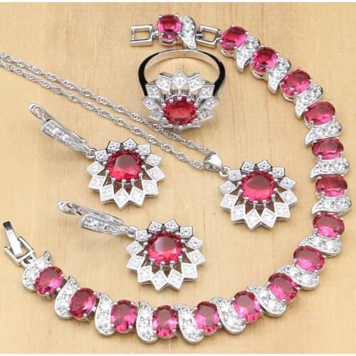 Flower 925 Silver Jewelry Rose Red Stone White CZ Jewelry Sets For Wedding Earrings/Pendant/Rings/Bracelet/Necklace Set