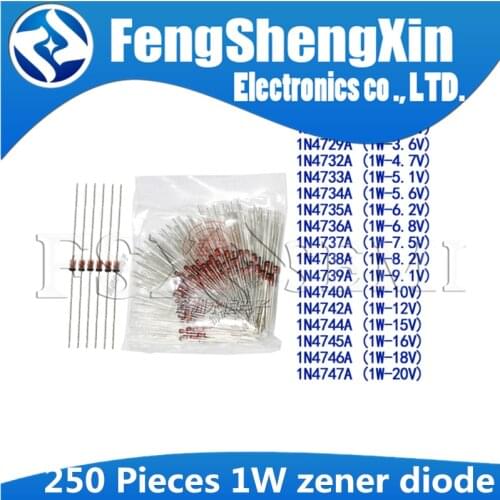 250pcs 1W zener diode 3.3/3.6/4.7/5.1/5.6/6.2/6.8/7.5/8.2/9.1/10/12/15/18V/20 1N4728A/29A/32A/33A/34A/35A 1N4733/4742A