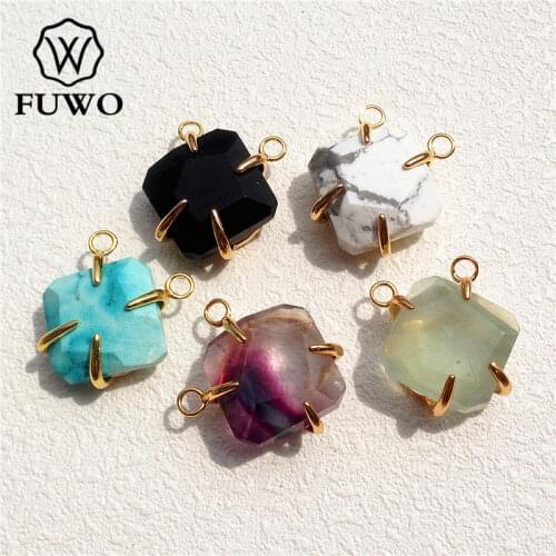 FUWO Faceted Octagon Gem stone Connector Pendant 24K Gold Electroplate Brass Claw Prong Setting Fluorite Jewelry Wholesale PD095