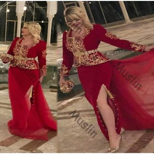 Karakou Algerien Red Kaftan Evening Dresses With Gold Appliques 2021Square Neck Long Sleeve Prom Dress Vintage Formal Dresses