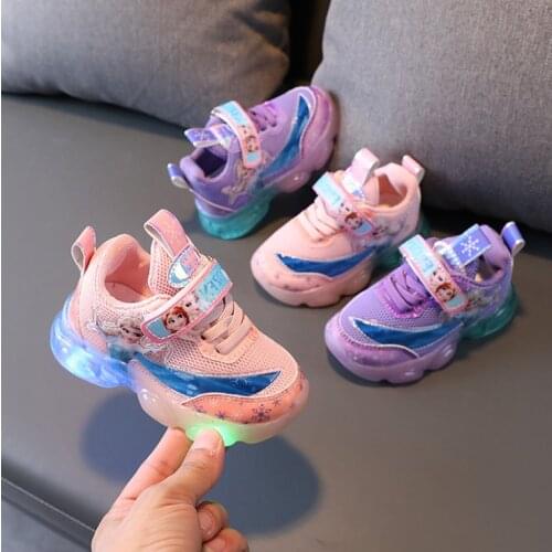 Disney Cartoon Frozen Anna Elsa Print Children Casual LED Light Shoes Spring Baby Girls Sports Sneakers Flash Princess Shoes