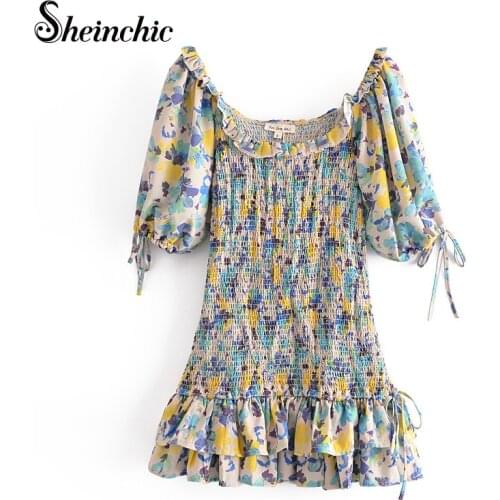 Summer Clothes for Women Bohemian Elegant Ruffles Short Sleeve Floral Printed Mini Dress 2021