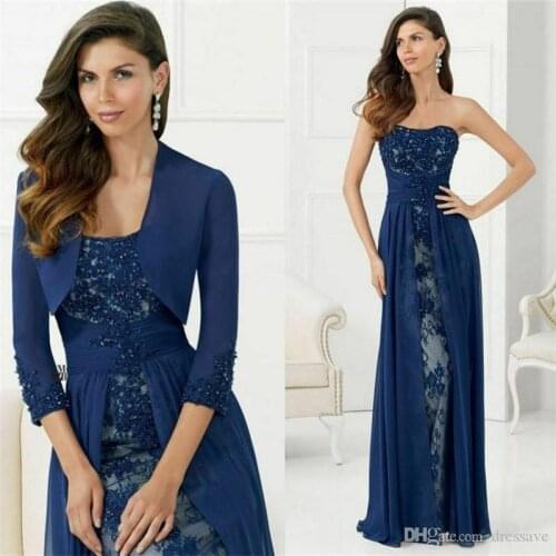 New Navy Blue Mother of the Bride Evening Dress with Jacket Sequins Applique Long Sleeve Floor Length Groom Mother Dress
