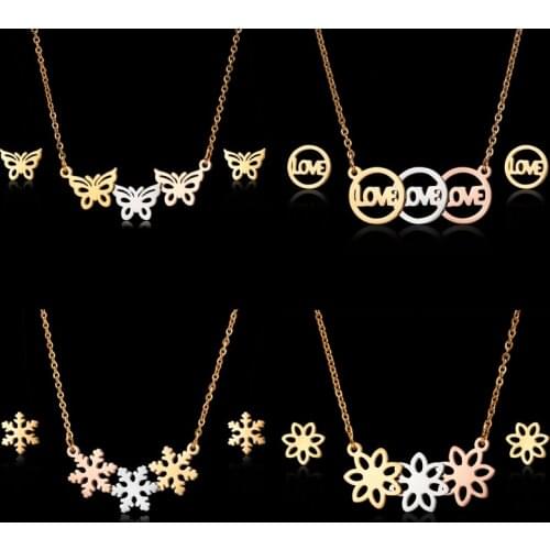 Rinhoo Stainless Steel Hollow Out Butterfly Love Heart Snowflake Pendants Necklace Earrings Jewelry Set Mother Girlfriend Gifts