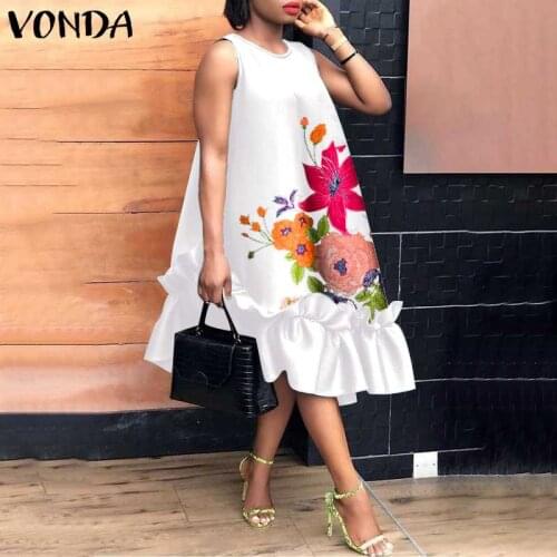 Vintage Women Midi Dress Summer Party Dresses 2021 VONDA Fashion Beach Floral Print Ruffled Tank Vestidos