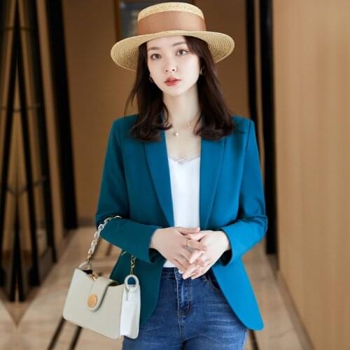 Korean Blazer Woman 2021 New Spring Autumn Long Sleeve Notched Collar Single Button Slim Fit OL Blazer Elegant Woman Coat