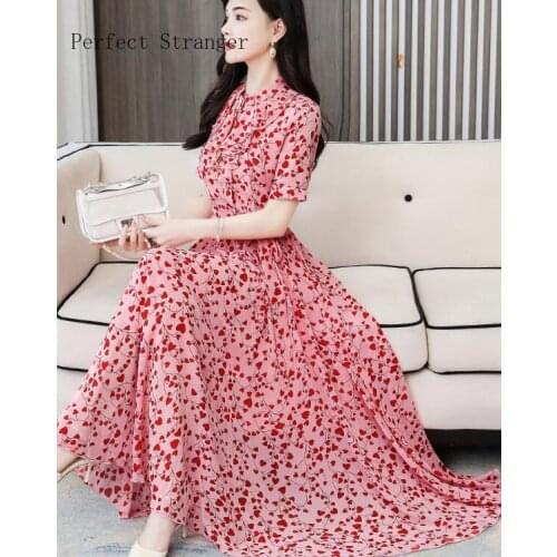 2021 Summer New Arrival Stand Collar Ruffles Short Sleeve Heart Printed Women Chiffon Long Dress