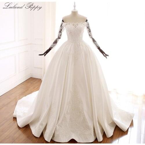 Lceland Poppy A-line Satin Boat Neck Wedding Dress Off Shoulder Long Sleeves Vestido de Novia Floor Length Appliques Bridal Gown
