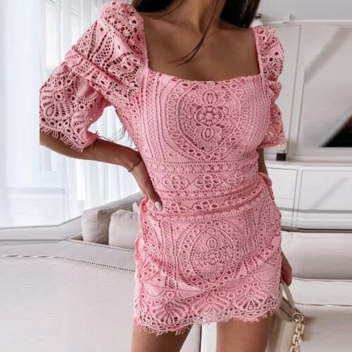 WYWMY Elegant Square Collar Crochet Dress Women Fashion Sexy Hollow Out Lace Party Bodycon Dress Women Solid Puff Sleeve Dresses