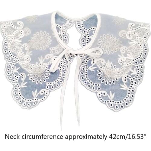 066C Women Vintage Beaded Sunflower False Collar Shawl Embroidery Leaves Sheer White Necklace Poncho Self-Tie Bow Capelet