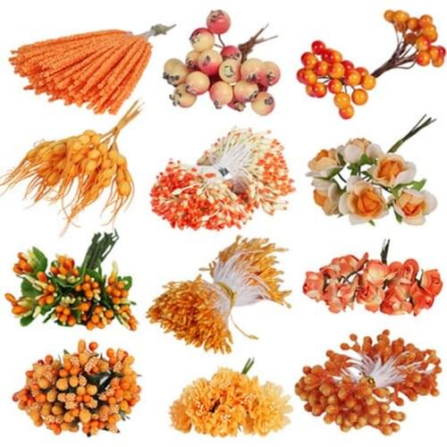 10/12pcs Orange Flower Cherry Stamen Berries Bundle DIY Christmas Wedding Party Home Cake Gift Box Wreaths Fall Decorations