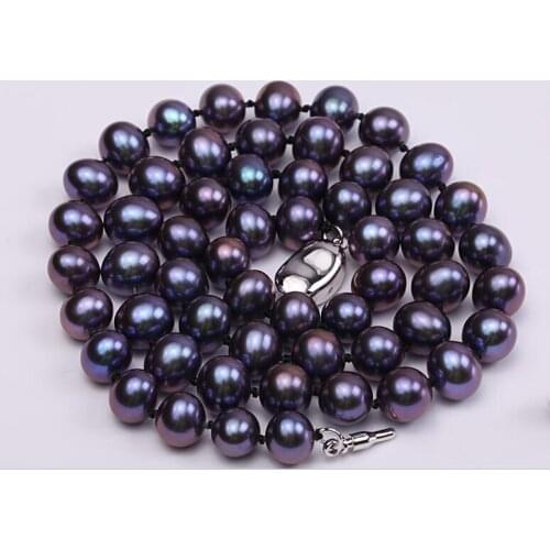 36-43cm 14-17'' Women Jewelry AAA natural pearl 7x8mm black blue freshwater pearl 925 silver clasp necklace gift