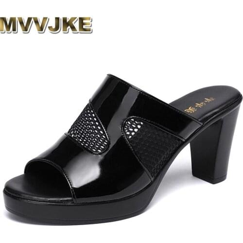 MVVJKE 2021Fashion Womens Shoes Summer Patent Leather Mesh Slippers Female Sandals Ladies High Heel Sandals Sexy womens shoes