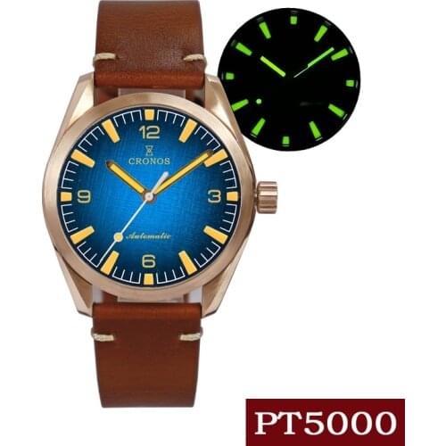 Cronos Men Watch Bronze CuSn8 Automatic PT5000 SW200 Sapphire Crystal Leather Rubber Strap
